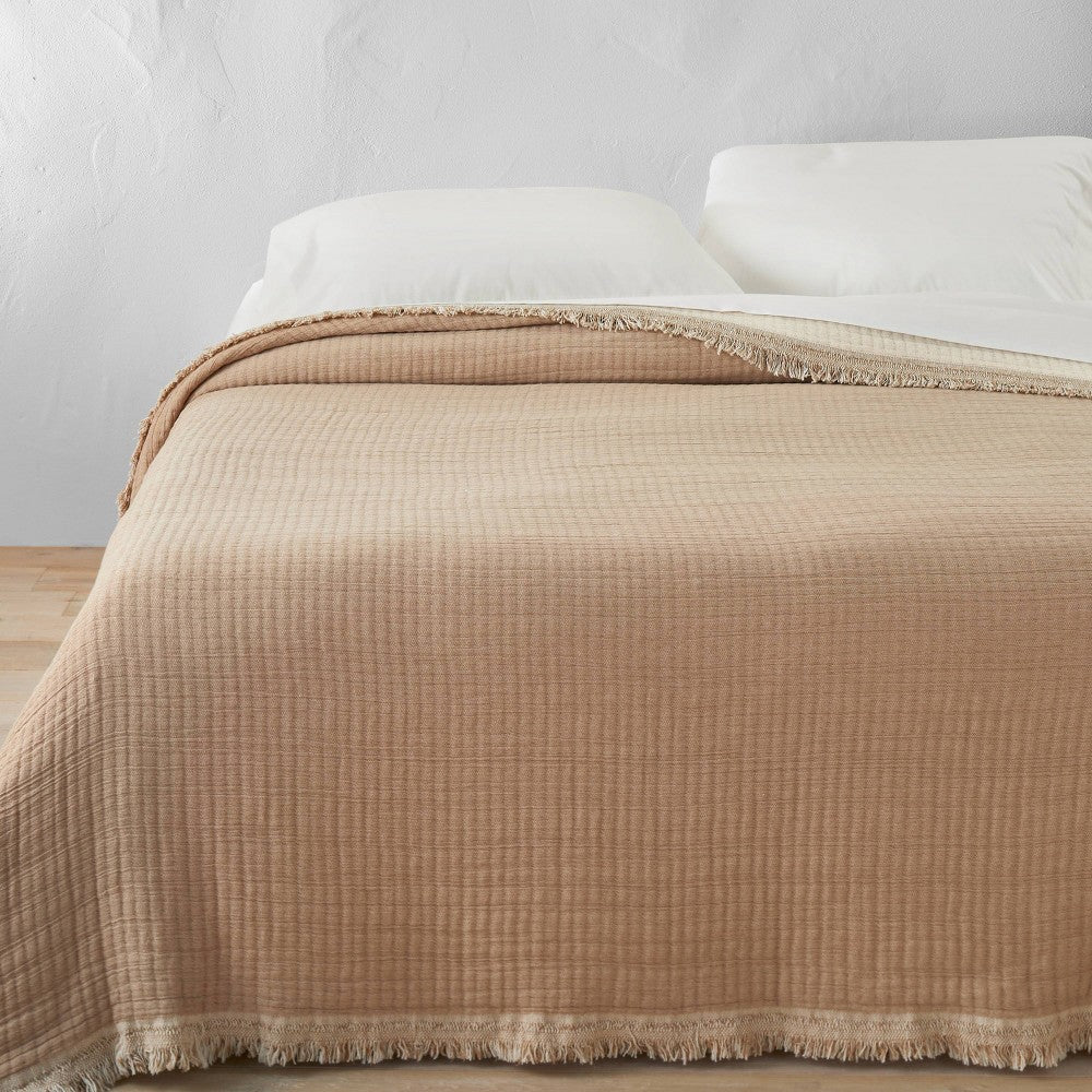 King Reversible Textured Cotton Chambray Coverlet Natural/Warm Brown - Casaluna™: Midweight Jacquard Weave, OEKO-TEX Certified - Bellso