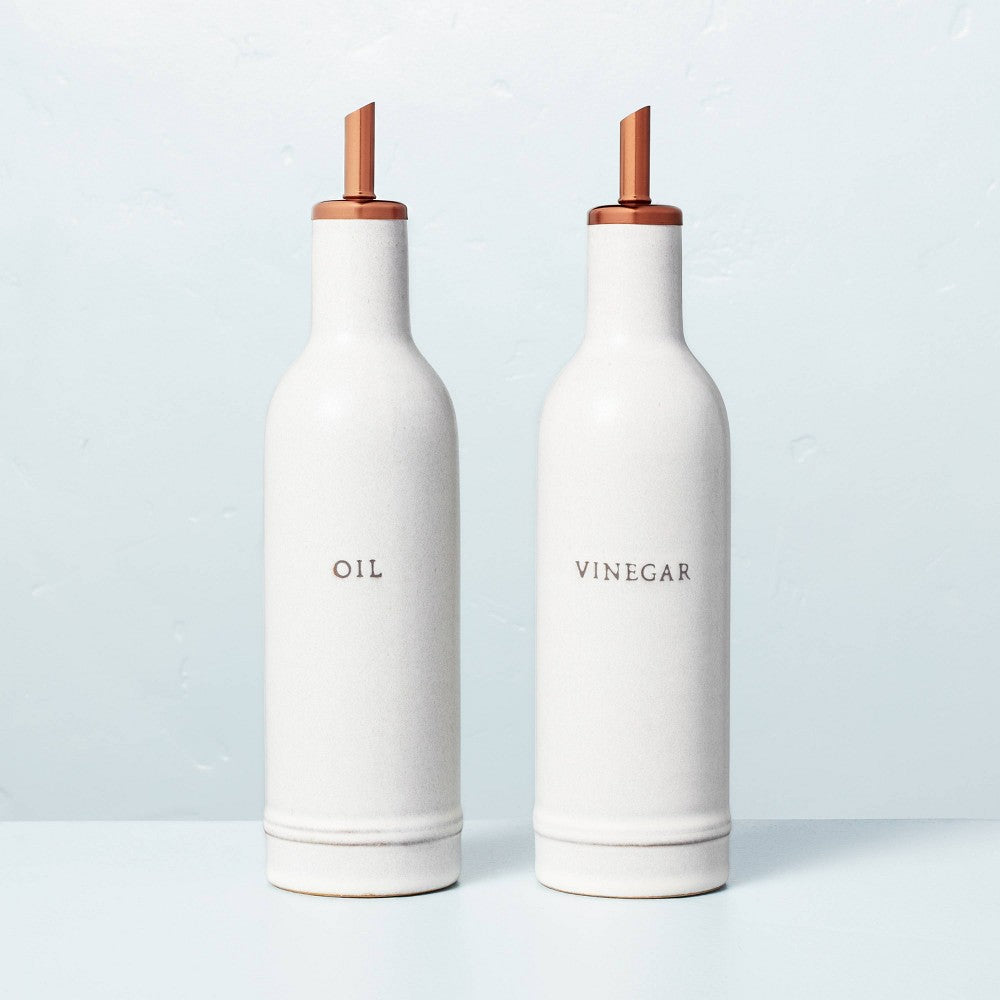 2pc Oil & Vinegar Stoneware Bottle Set Cream/Copper - Hearth & Hand™ with Magnolia - Bellso