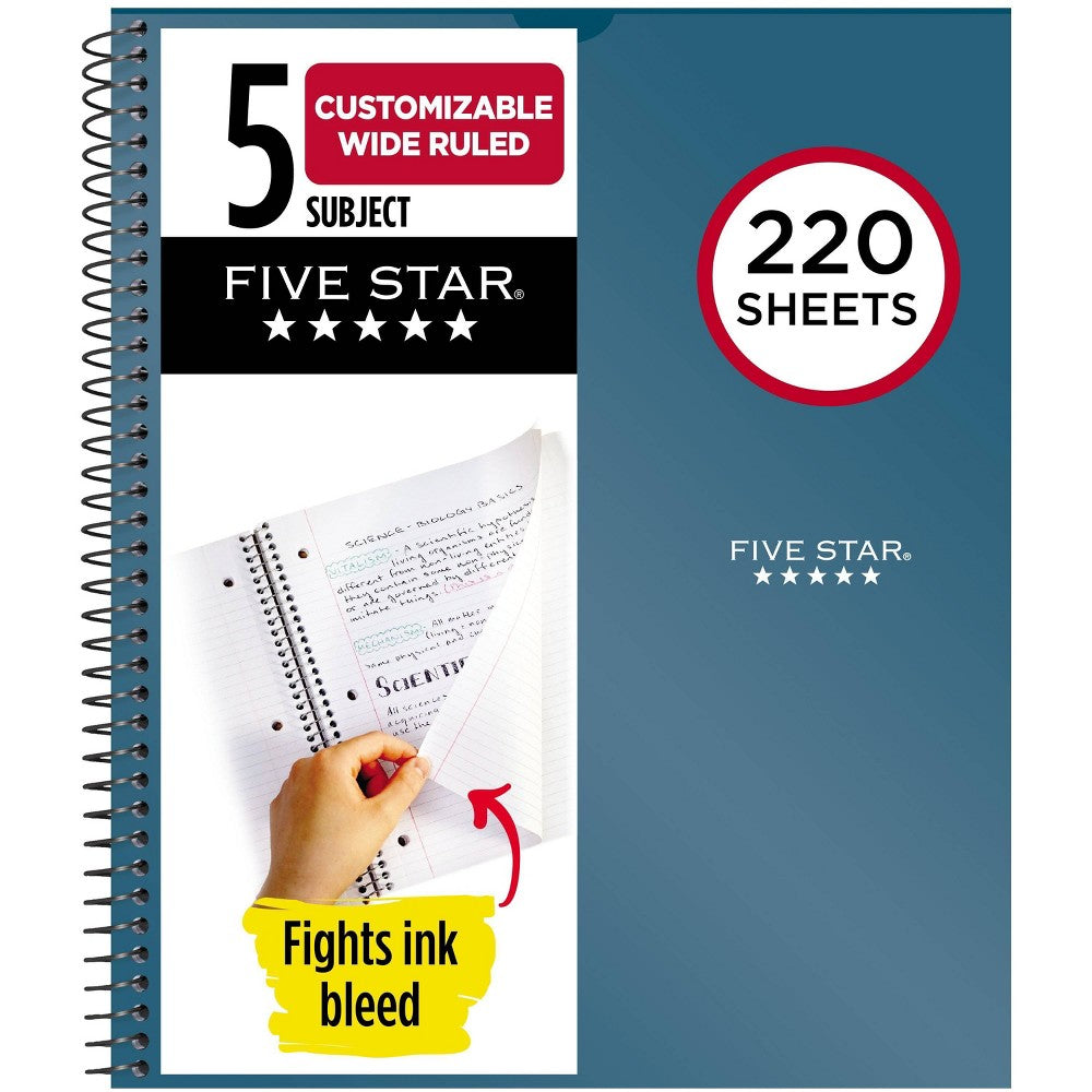 Five Star 220 Sheets 5 Subject Wide Ruled Customizable Notebook Feature Rich Teal - Bellso