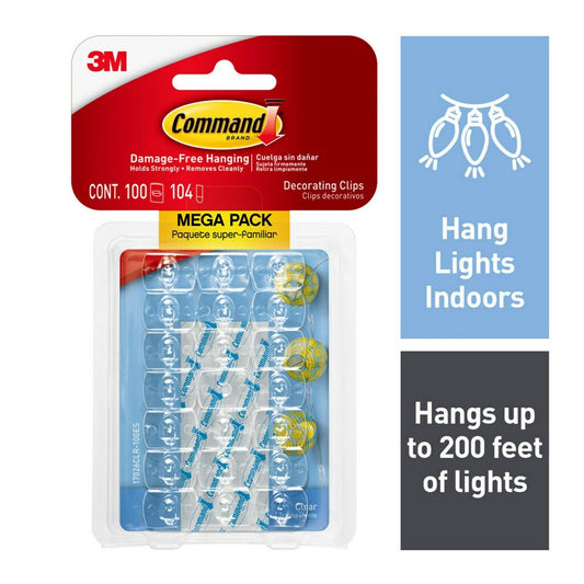 Command Decorating Clips Clear: Plastic Adhesive Hooks, 100 Pack, 0.5" Height, 0.75" Width, Ideal for Light & Cord Bundling - Bellso