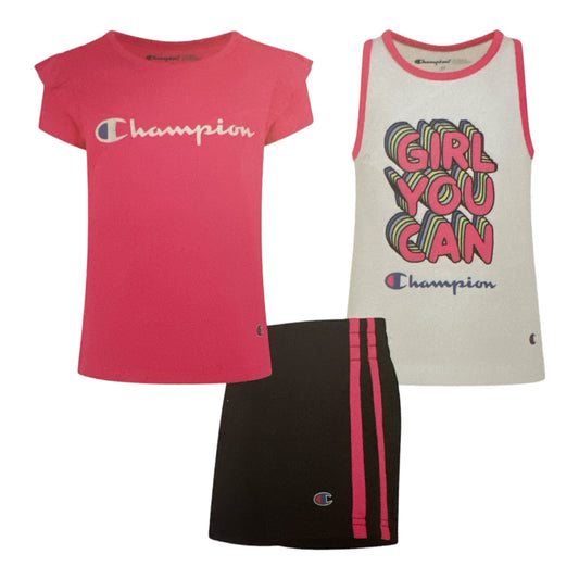 Champion Girl S 3 Piece Polyester Tee  Cotton Tank & Short Set (Knockout Pink/White/Black  18M) - Bellso