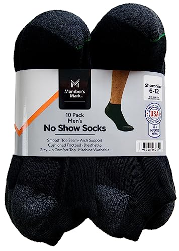 Member's Mark Men's No Show Socks, Black, 10 Pairs - Bellso