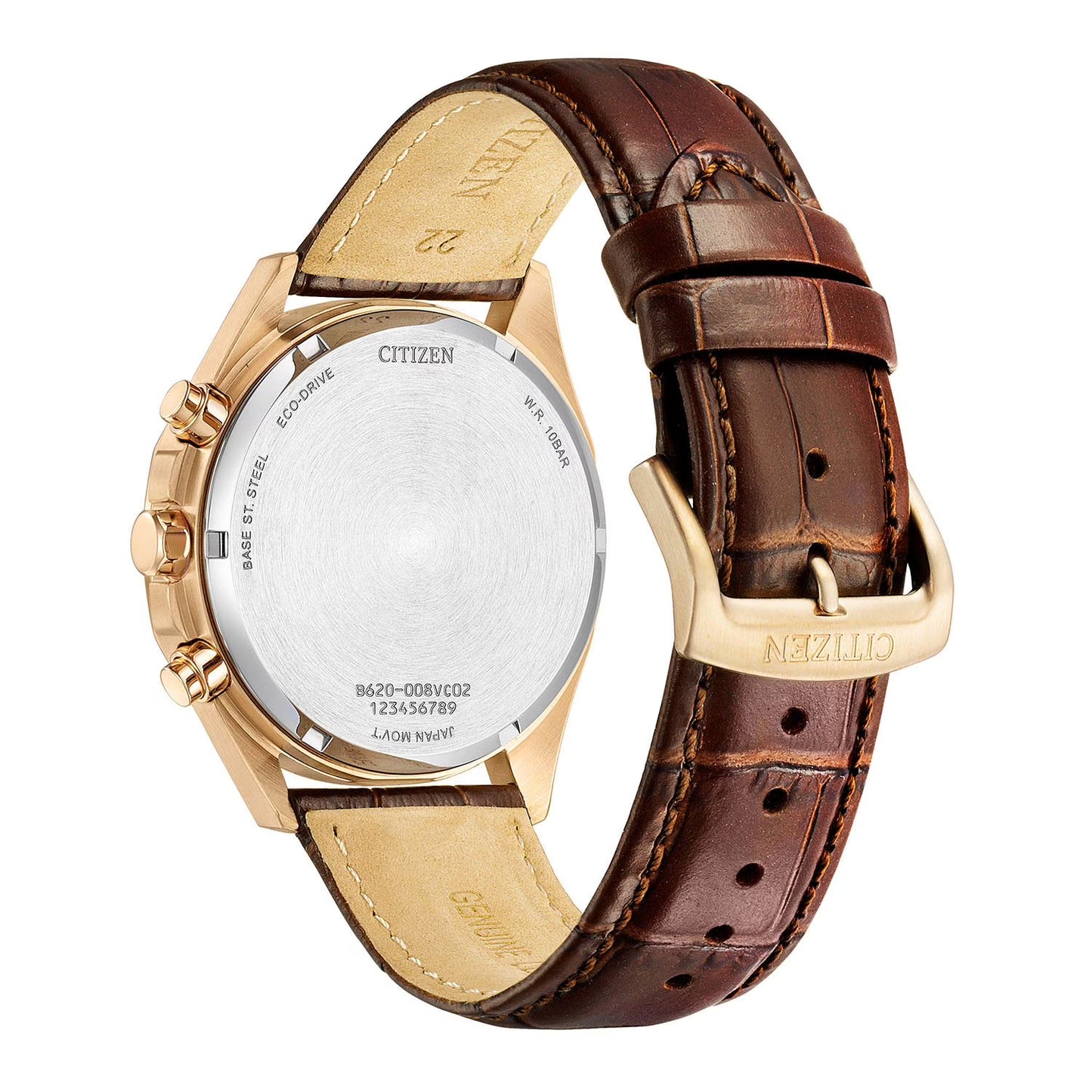 Citizen Eco-Drive Men’s Dress Classic Rose Gold-Tone Case Brown Leather Strap Chronograph Watch