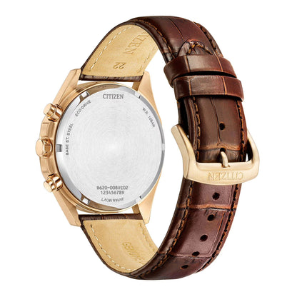 Citizen Eco-Drive Men’s Dress Classic Rose Gold-Tone Case Brown Leather Strap Chronograph Watch
