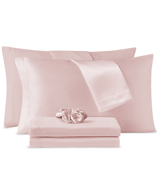 Sanders Microfiber 7-Pc. Sheet Set with Satin Pillowcases and Satin Hair-Tie, Full - Blush