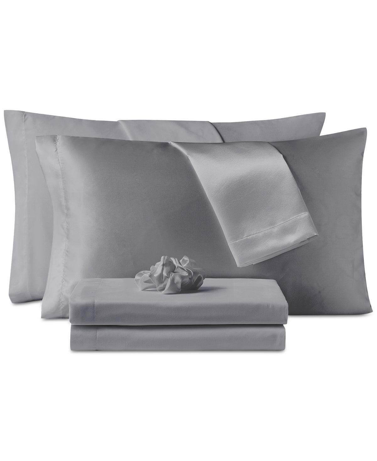 Sanders Microfiber 7-Pc. Sheet Set with Satin Pillowcases and Satin Hair-Tie, Queen - Silver