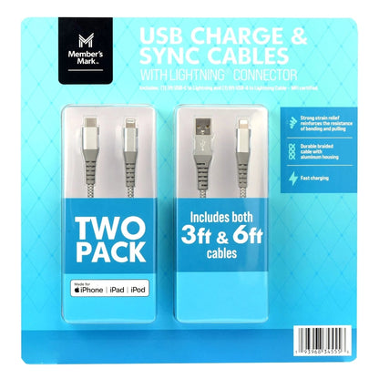 Member's Mark USB Lightning 3 Foot and 6 Foot Cables (Pack of 2)