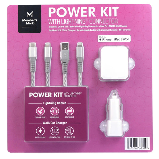 Member's Mark Lightning USB Power Kit: Car & Wall Charger & 2 Lightning Cables (Damage Package) - Bellso