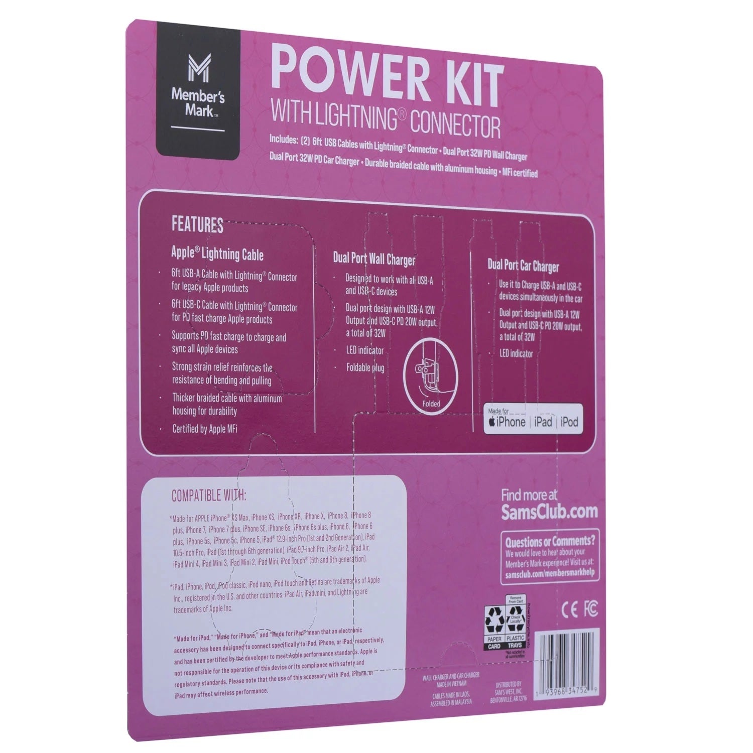 Member's Mark Lightning USB Power Kit: Car & Wall Charger & 2 Lightning Cables (Damage Package) - Bellso