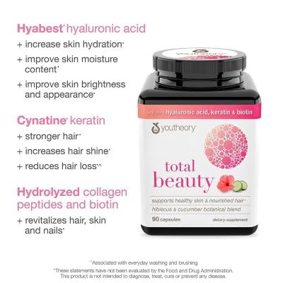 Youtheory Total Beauty Hyaluronic Acid  Keratin & Biotin  Capsules 90ct Exp 8/25 - Bellso