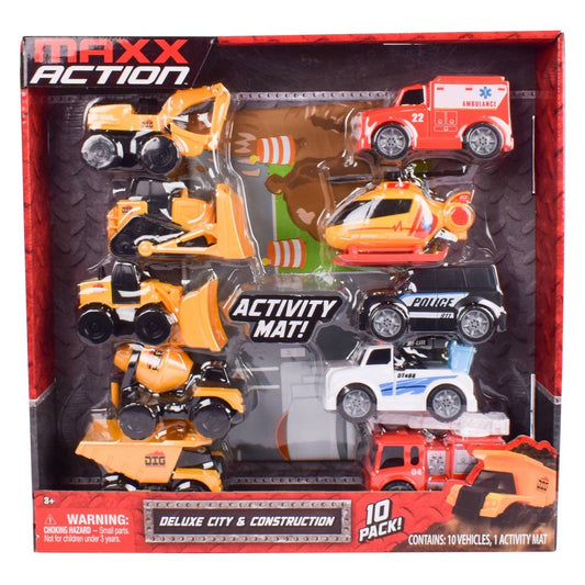 Maxx Action Deluxe City and Construction Mini Vehicle with Activity Mat - 10pk - Bellso