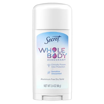 Secret, Whole Body Deodorant, Aluminum Free Dry Solid, Unscented , 2.4 Oz (68 G) - Bellso