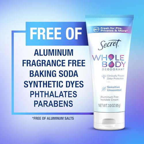 Secret, Whole Body Deodorant, Aluminum Free, Invisible Cream, Unscented, 3 Oz (85 G) - Bellso