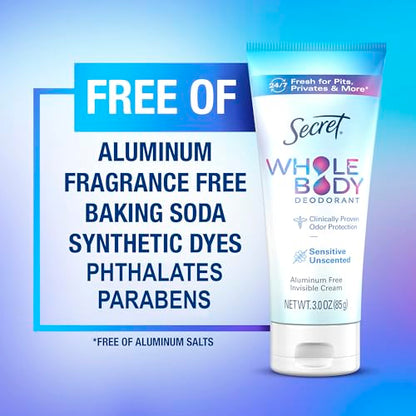 Secret, Whole Body Deodorant, Aluminum Free, Invisible Cream, Unscented, 3 Oz (85 G) - Bellso