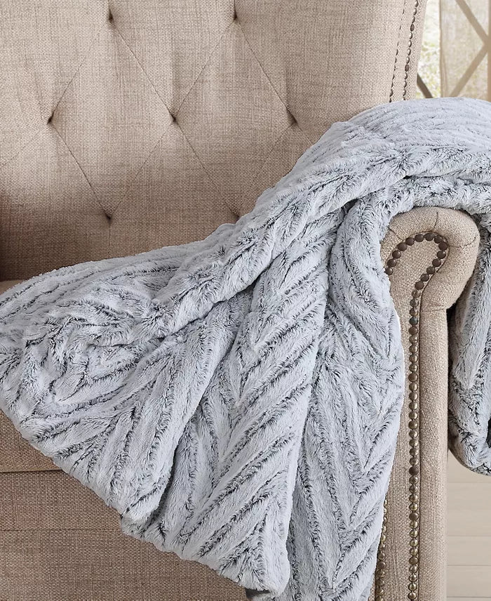 Christian Siriano Gray Chevron Luxury Faux-Fur Throw, 60" X 70" - Grey - Bellso