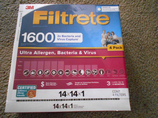 Filtrete 14x14x1 Ultra Allergen 2X Bacteria and Virus Filter, 1600 MPR (4 Pack) - Bellso
