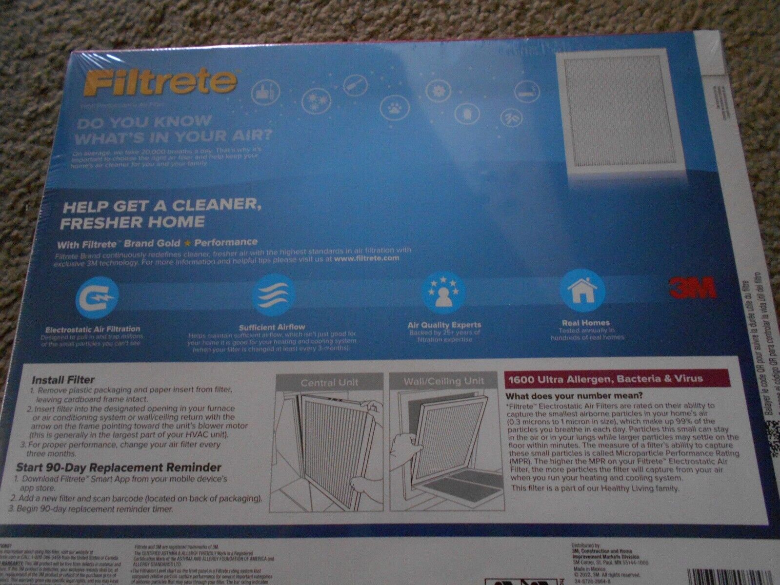 Filtrete 14x14x1 Ultra Allergen 2X Bacteria and Virus Filter, 1600 MPR (4 Pack) - Bellso