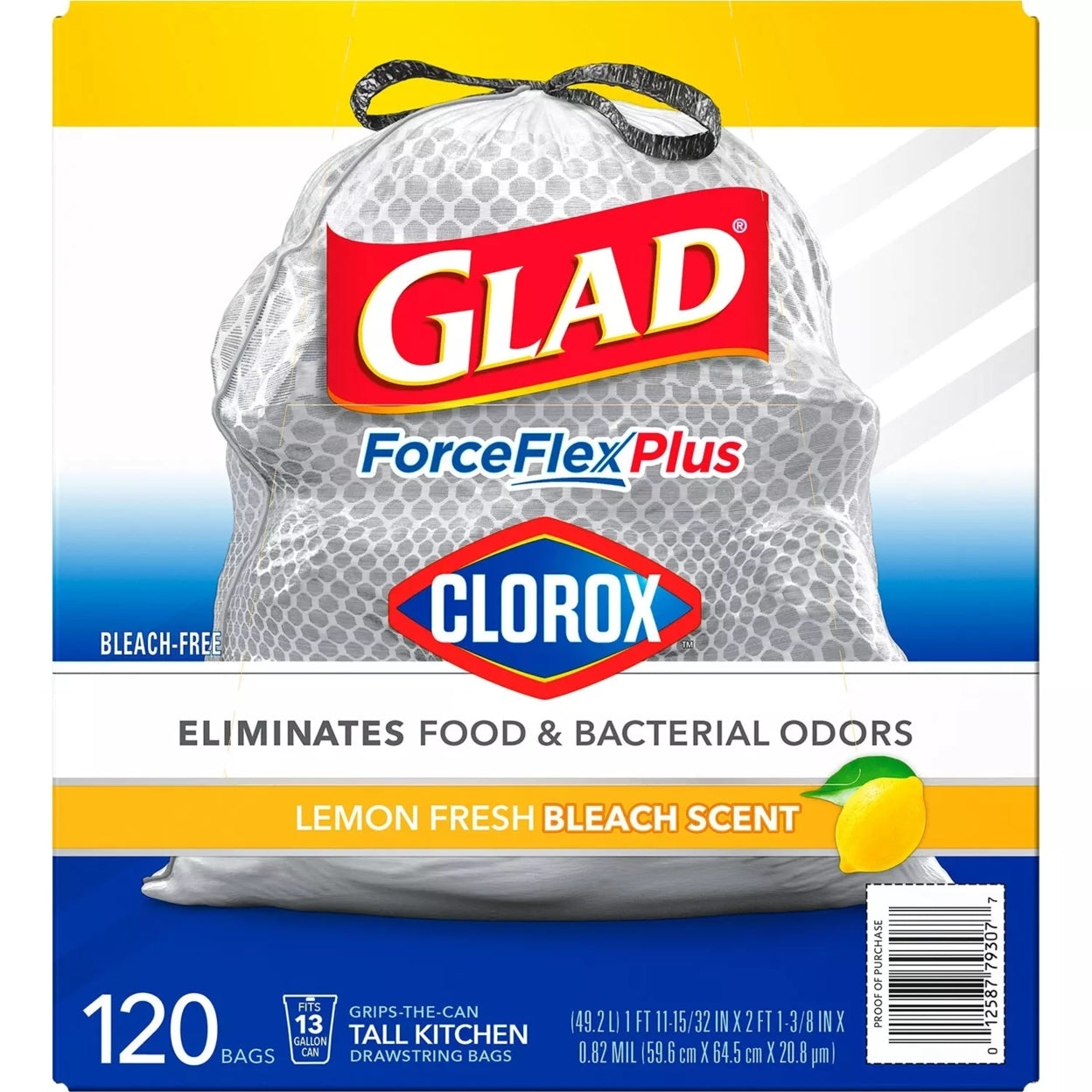 Glad Tall Kitchen Drawstring Grey Trash Bags – ForceFlex Plus With Clorox, Lemon Fresh Bleach Scent - 13 Gal. - 120 Ct