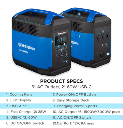 Westinghouse 1008Wh Portable Power Station Lithium-Ion Battery  3000W Solar Generator  Pure Sine Wave - Bellso