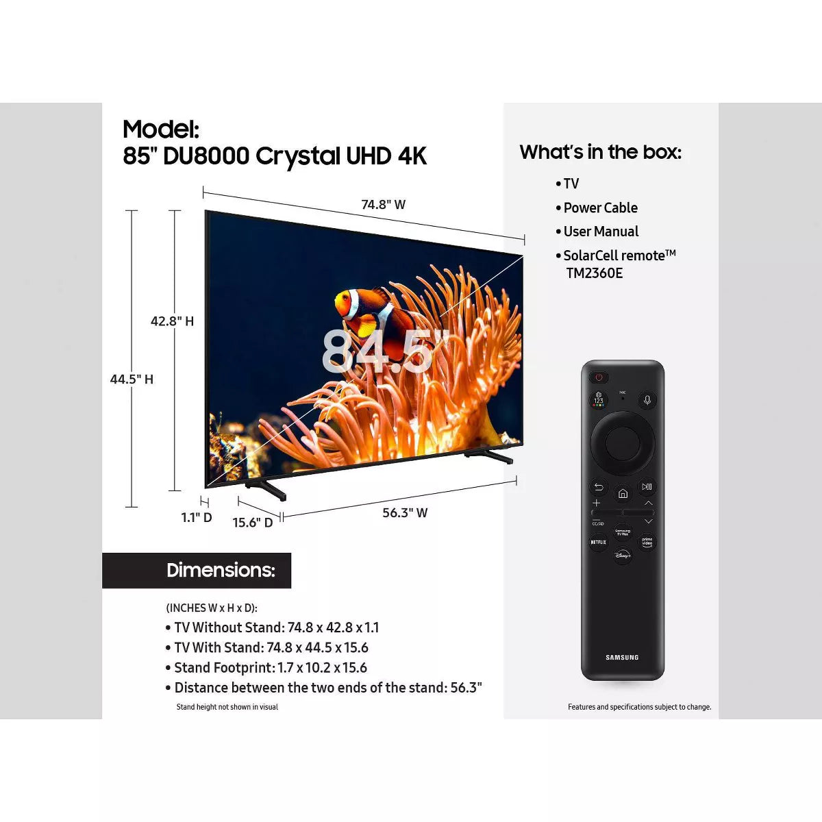 Samsung 85" DU8000D Crystal UHD 4K Smart TV with 4-Year Coverage - Bellso