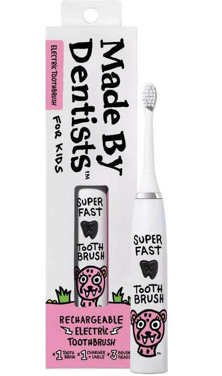 Made by Dentists Kids Rechargeable Electric Toothbrush with 2 Replacement Toothbrush Heads and Charger - Cheetah - Bellso