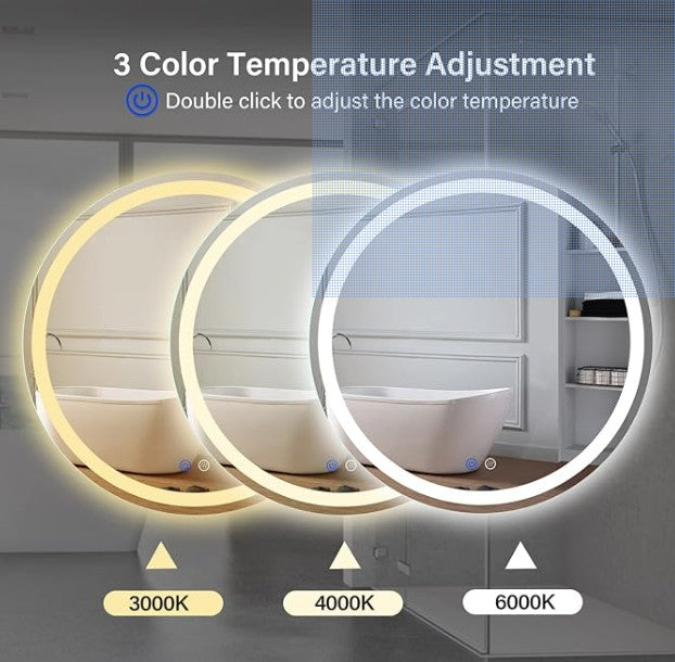 LED Round Backlit Mirror, Fashion Bathroom Decor Vanity Mirror with 3000K/4000K/6000K Adjustable, Anti-Fog, Smart Touch Button, Stepless Dimmable Lighted Makeup Mirror - Bellso