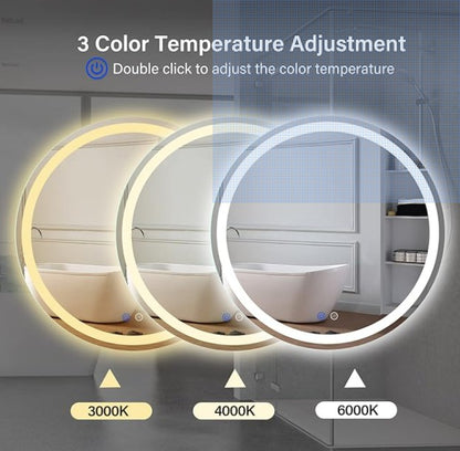 LED Round Backlit Mirror, Fashion Bathroom Decor Vanity Mirror with 3000K/4000K/6000K Adjustable, Anti-Fog, Smart Touch Button, Stepless Dimmable Lighted Makeup Mirror - Bellso