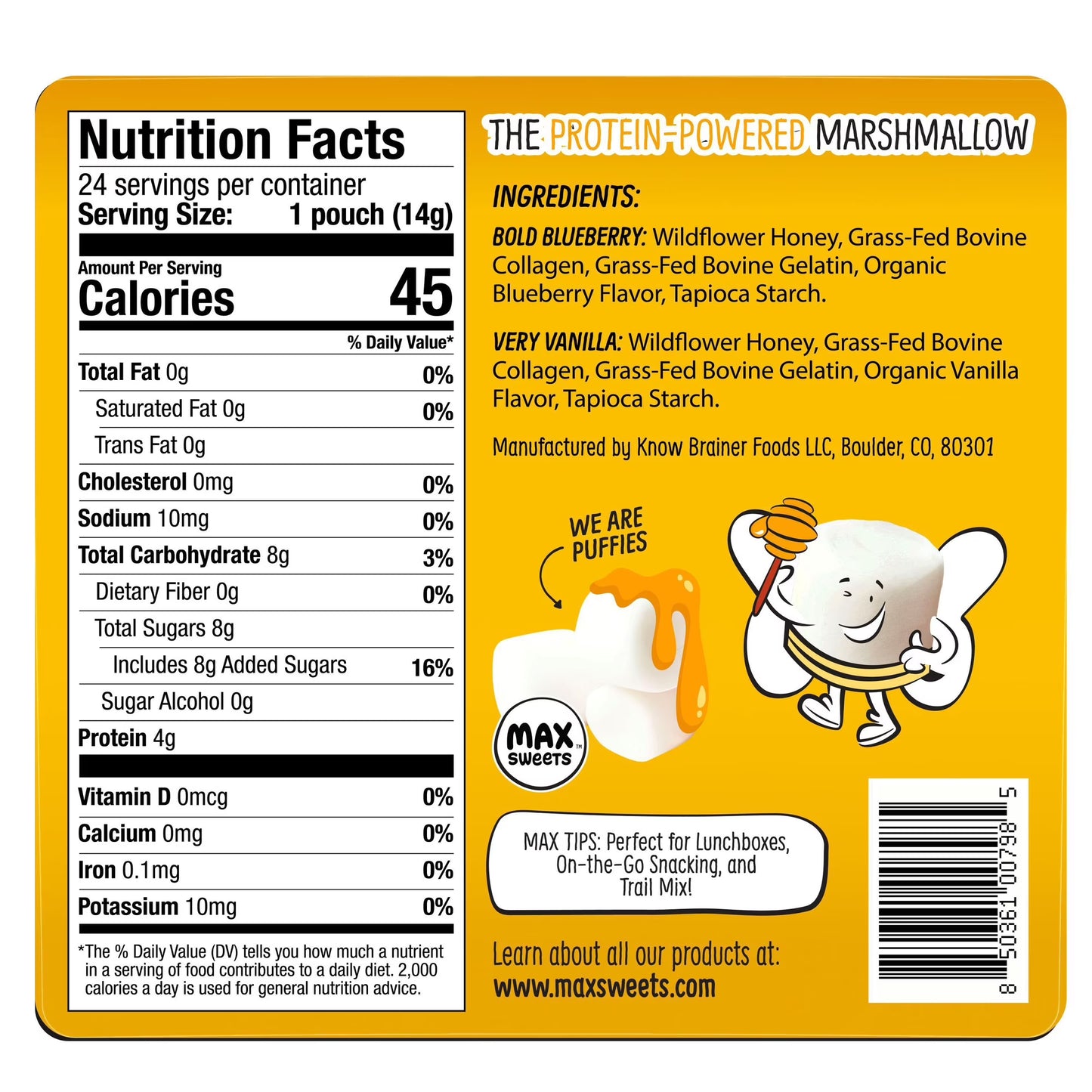 Max Mallow, Mini Honey Protein Marshmallows, Variety Pack, 0.49 oz, 24 pk.