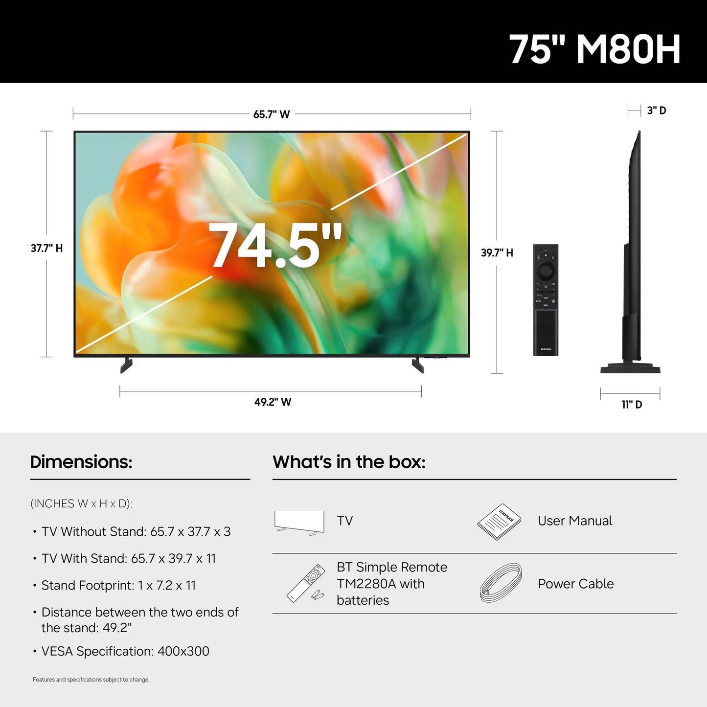 SAMSUNG 75” Class M80H Series Mini LED 4K UHD Vision AI Smart Tizen TV