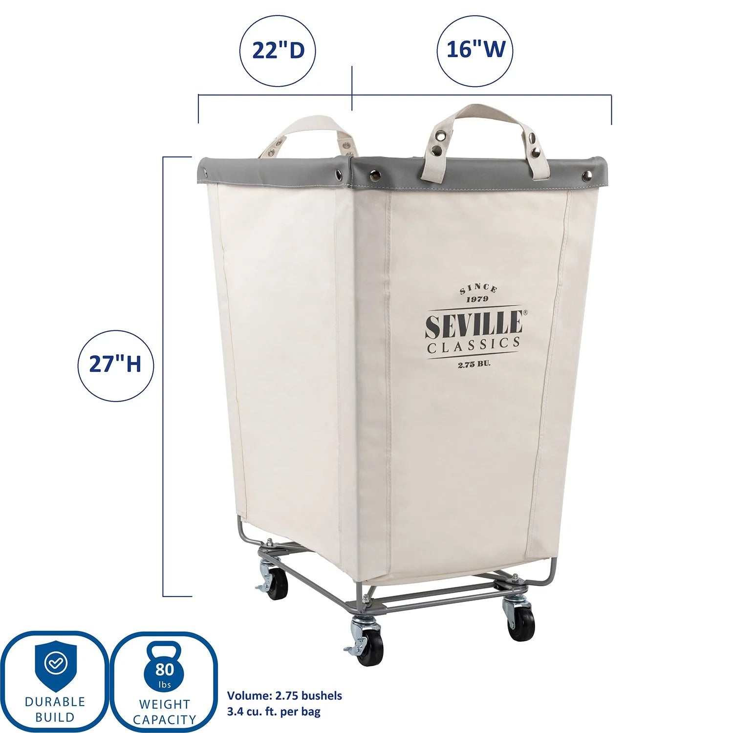 Seville Classics Commercial Heavy-Duty Canvas Laundry Hamper with Wheels - Bellso