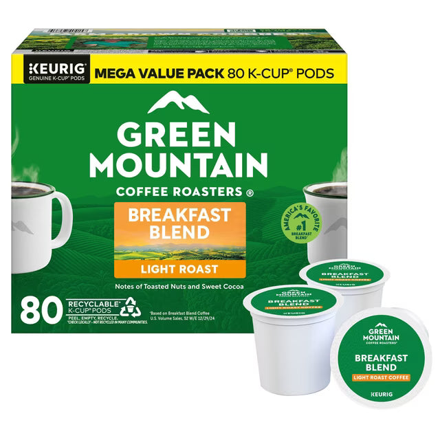 Green Mountain Coffee Roasters Light Roast Coffee Pods, Breakfast Blend, 80 Ct