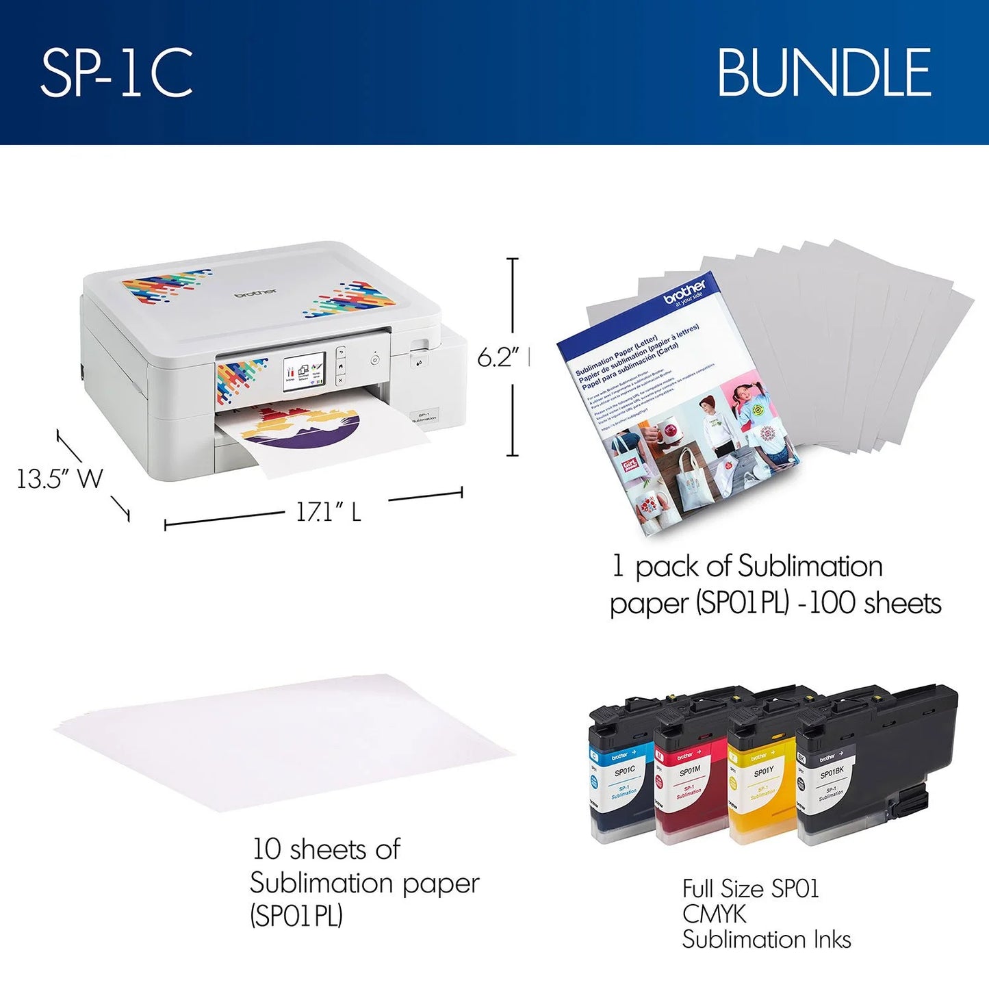 Brother Sublimation Printer, 4-Color Sublimation Ink Cartridges and 100 Sheets Sublimation Paper - Bellso