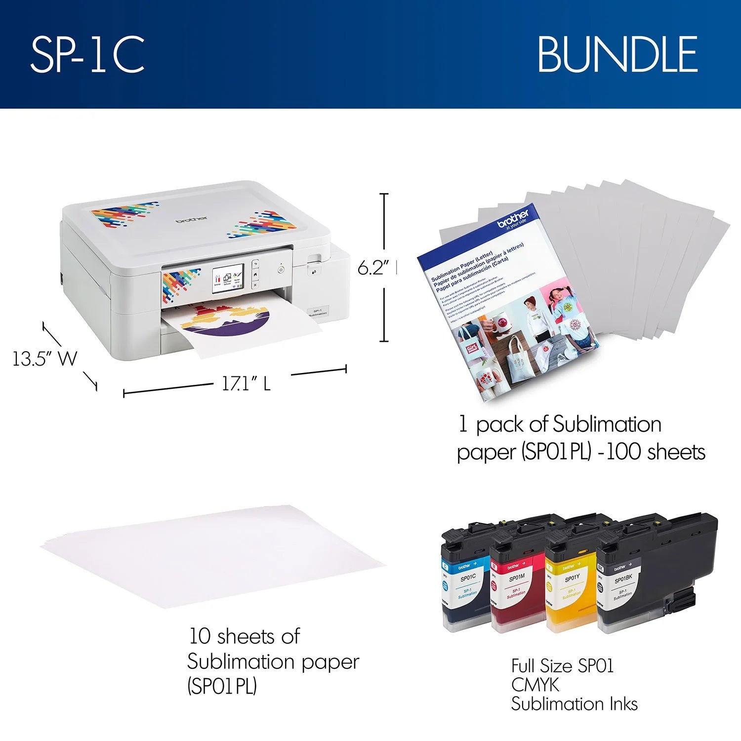 Brother Sublimation Printer, 4-Color Sublimation Ink Cartridges and 100 Sheets Sublimation Paper - Bellso