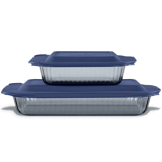 Pyrex Sculpted Tinted 4-Piece Glass Baking Dish Set with Airtight Lids - Bellso
