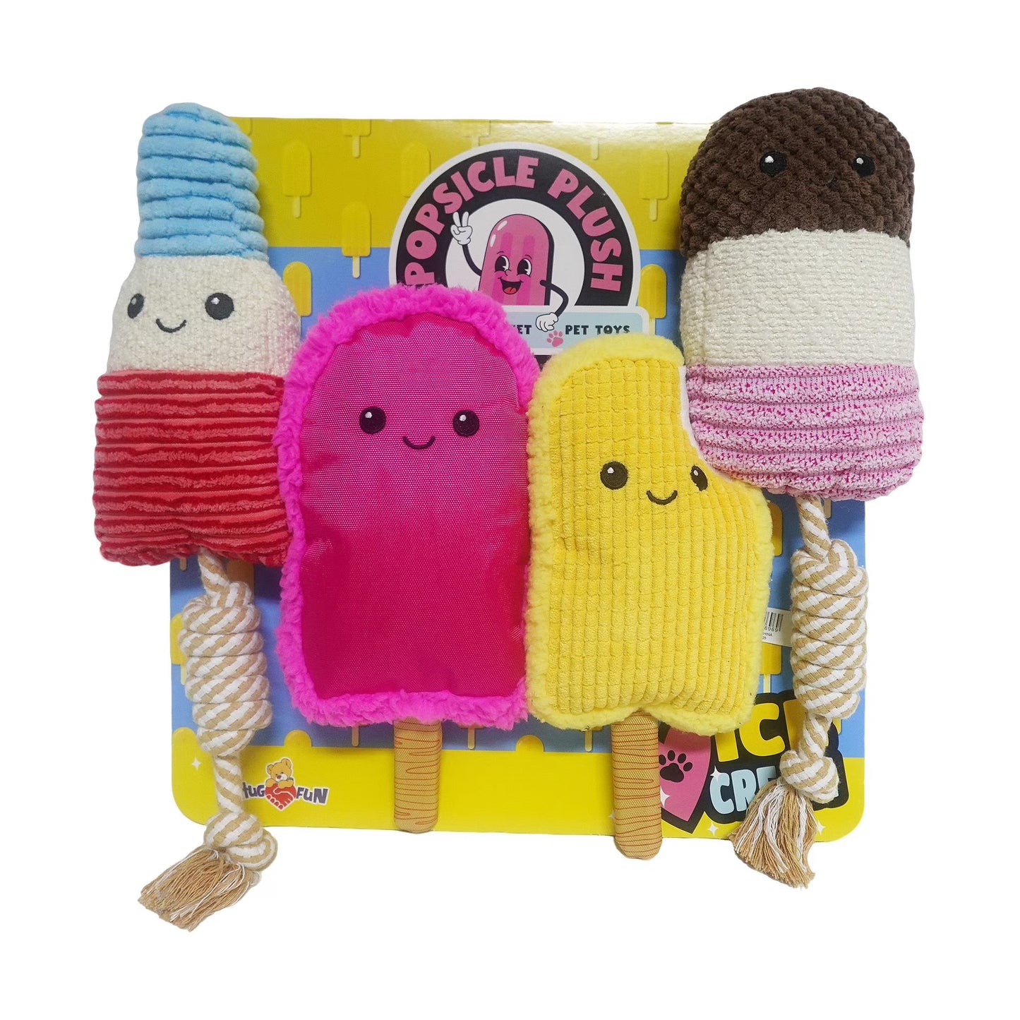 HugFun, Popsicle Plush Dog Toy, Multi-Pack, 4-Piece Set
