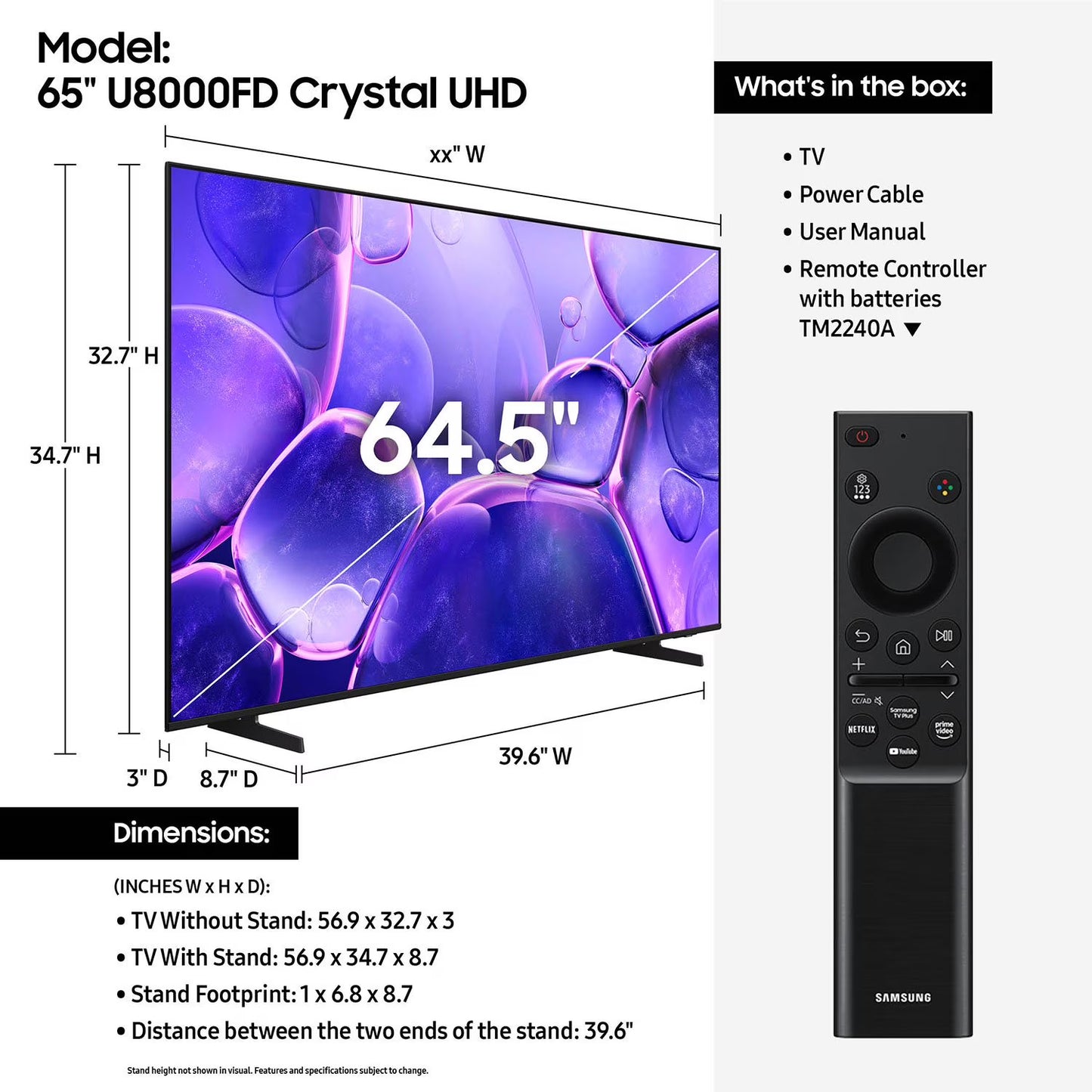 SAMSUNG 65" Class U8000F Series 4K Crystal UHD Smart TV