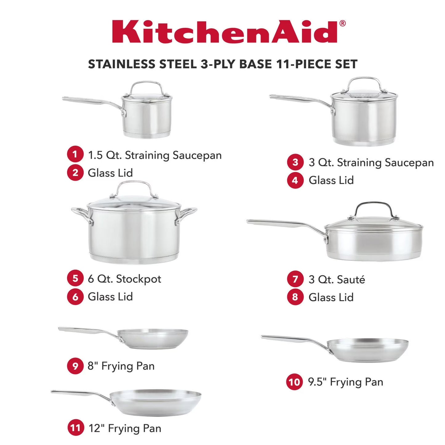 KitchenAid 3-Ply Base Stainless Steel 11-Piece Cookware Set, Brushed Stainless Steel
