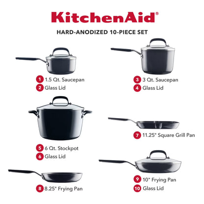 KitchenAid 10-Piece Hard Anodized Nonstick Cookware Pots and Pans Set, Onyx Black
