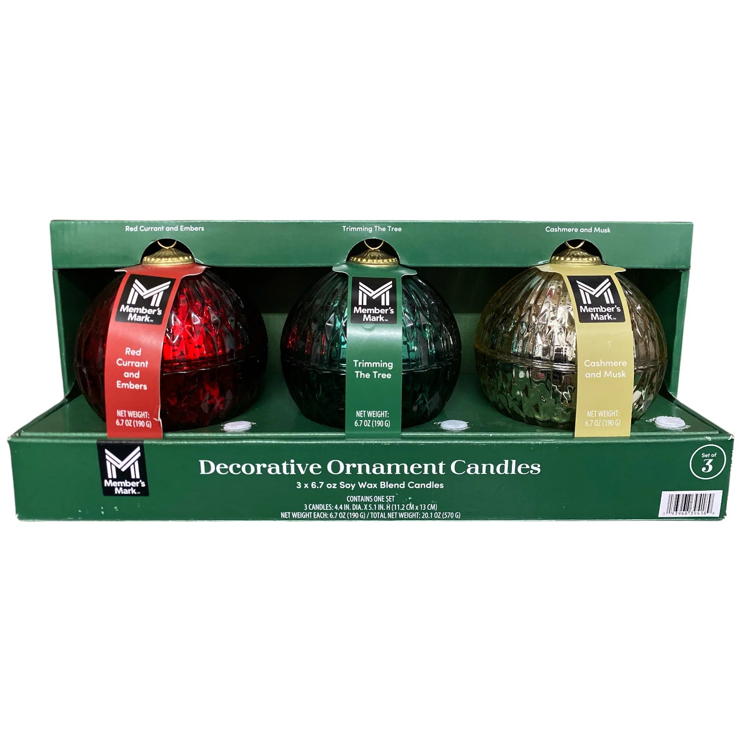 Member's Mark Glass Ornament Hand Poured Soy Wax Candles with Dual Wicks, 3pk - Bellso