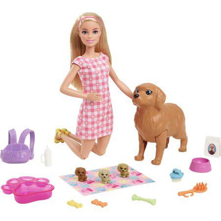 Barbie Doll and Accessories Playset with Blonde Doll, Mommy Dog, 3 Puppies and 11 Pieces - Bellso