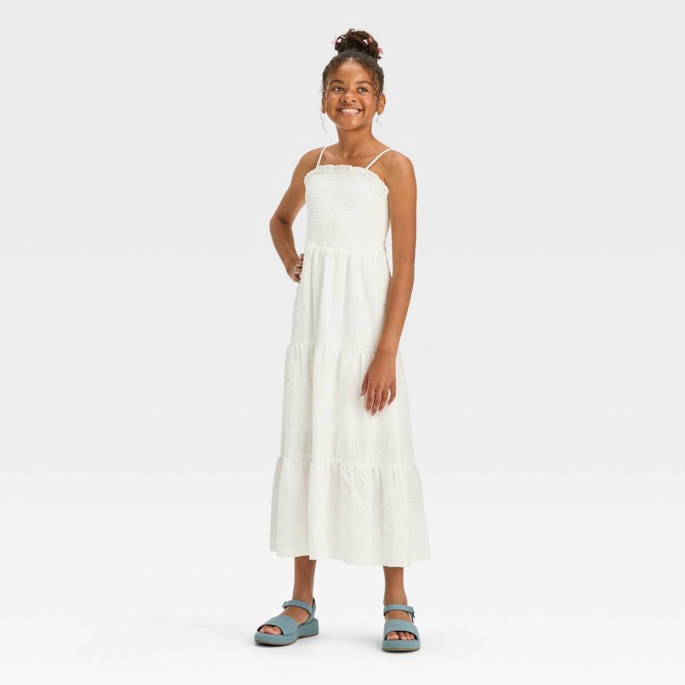 Girls' Smocked Bodice Tie Back Woven Textured Maxi Dress - Art ClassTM White S - Bellso
