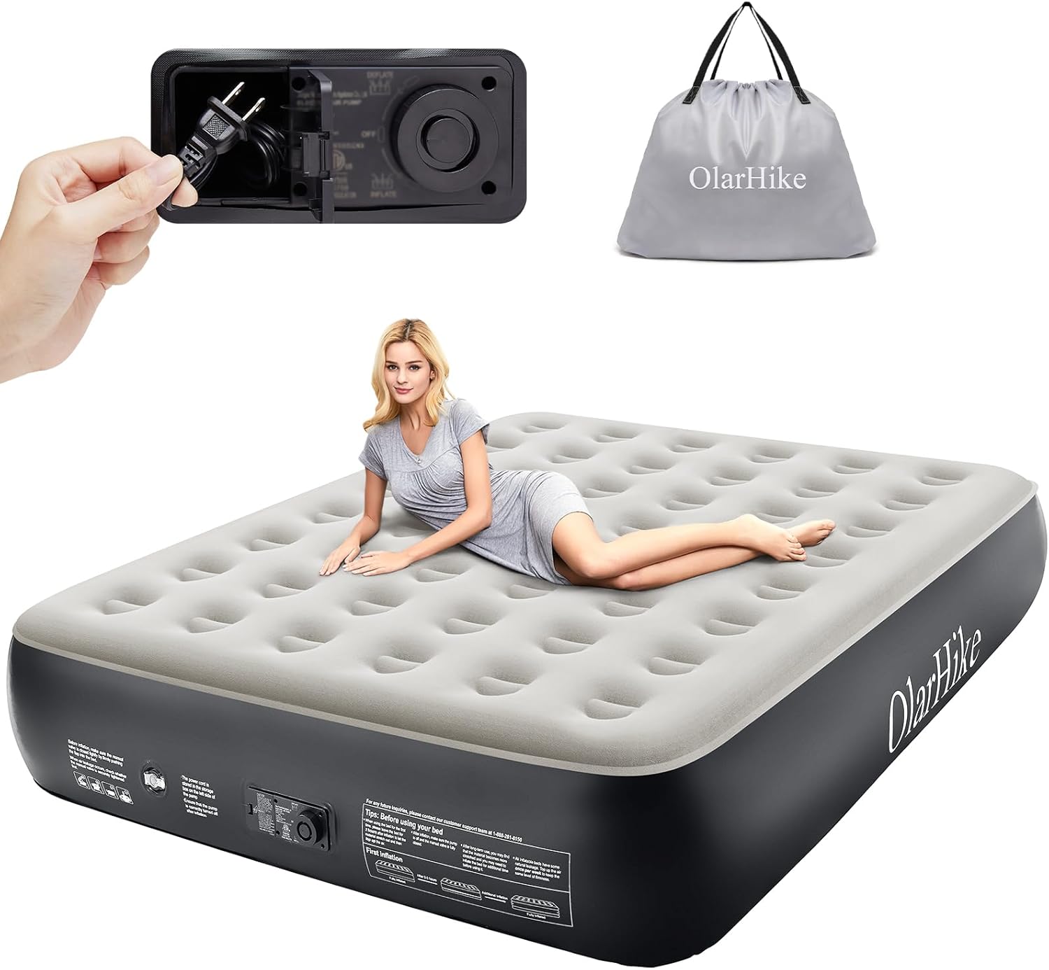 OlarHike Queen Air Mattress with Built in Pump,Inflatable Blow Up Airbed with Storage Bag,13" High - Bellso
