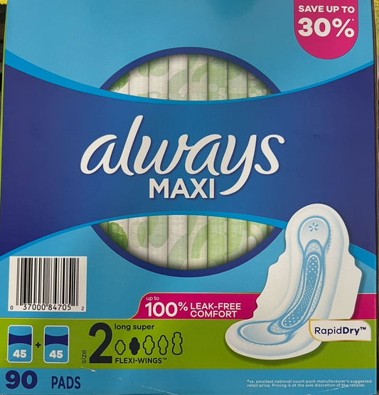 Always Maxi Daytime Pads with Wings  Size 2  Long  Unscented  90 Ct-24.89 - Bellso