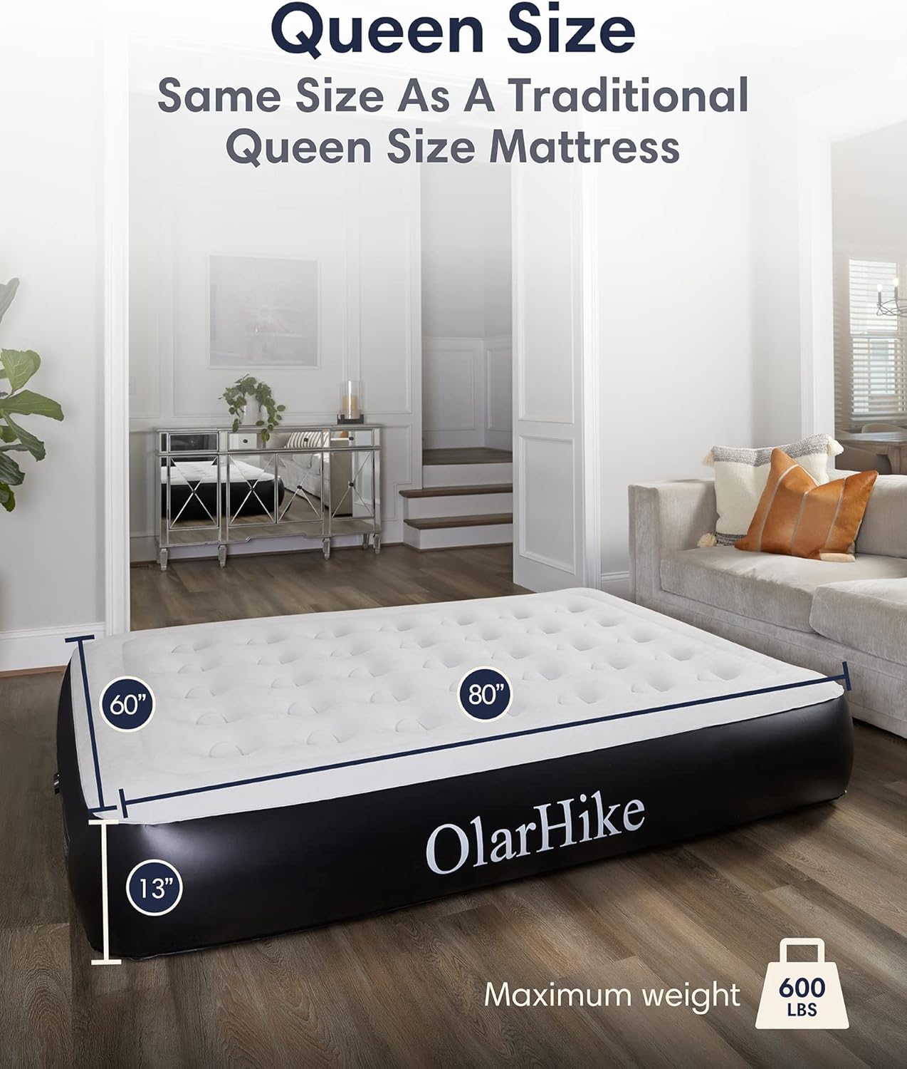 OlarHike Queen Air Mattress with Built in Pump,Inflatable Blow Up Airbed with Storage Bag,13" High - Bellso