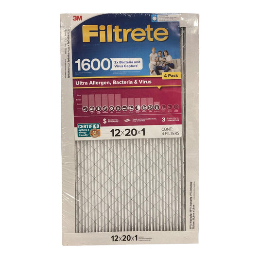 Filtrete Ultra Allergen 2X Bacteria and Virus Filter  12x20x1  1600 MPR  4 Pack - Bellso