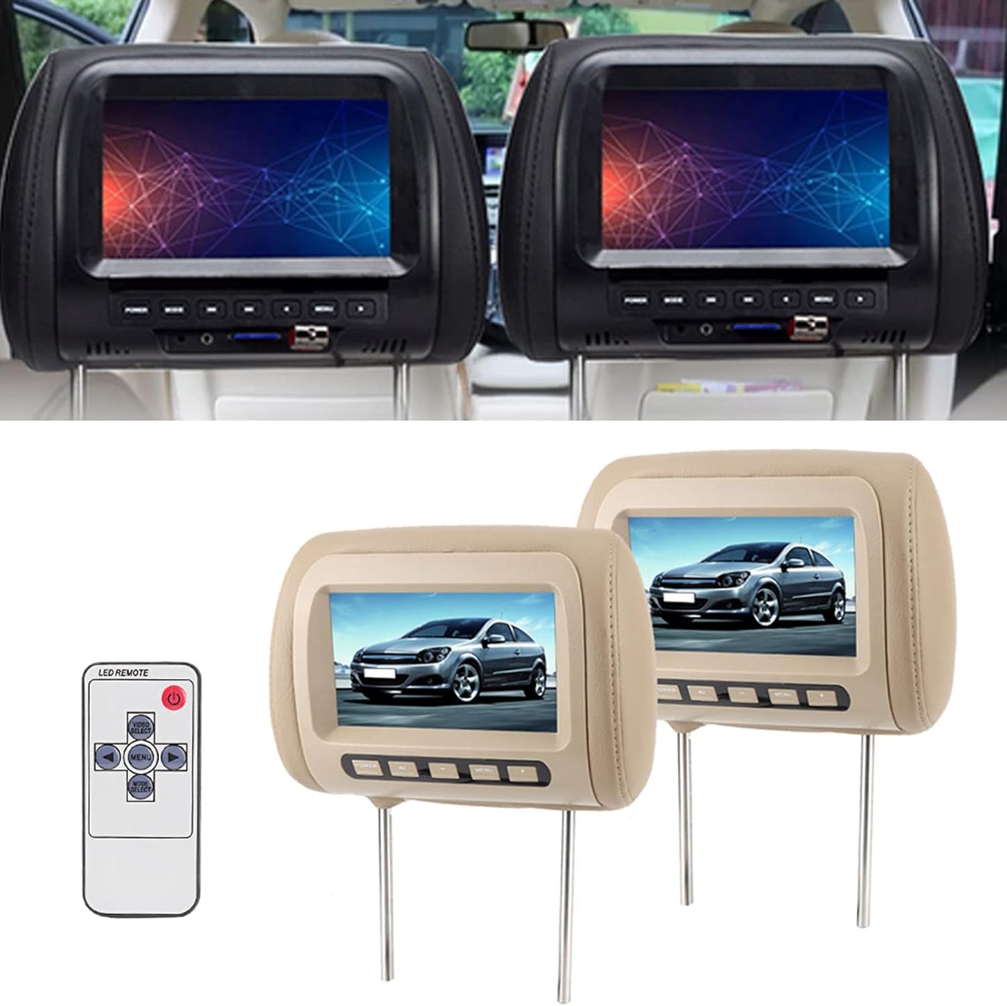 Car Headrest Video Players, 2pcs Universal 7 in HD Car Headrest Player LCD Video Player Control MP5 Display Brown - Bellso